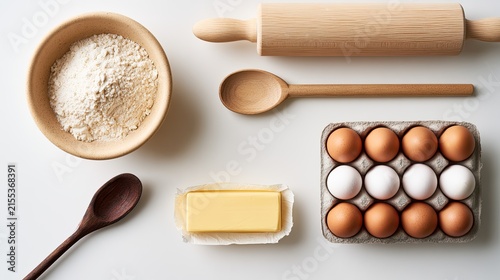 Baking Ingredients and Tools Arranged on a White Surface.