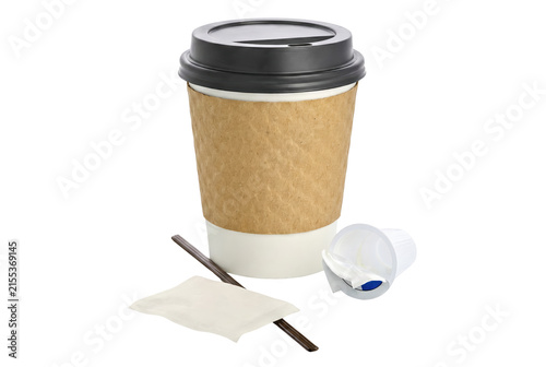 Obraz na płótnie Disposable paper coffee cup with cardboard sleeve dark lid stirrer sugar packet