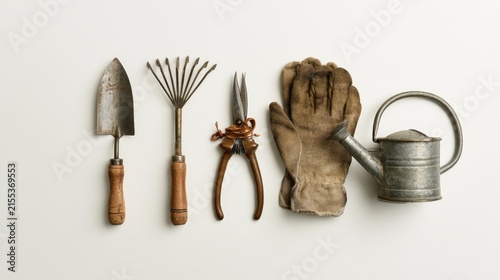 Collection of Gardening Tools and Accessories Laid Out Neatly.