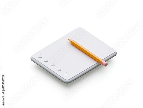 Isometric View of a Blank Notepad with a Yellow Pencil.