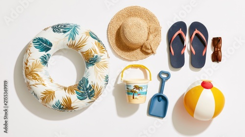 Summer Beach Vacation Essentials Flat Lay Collection.