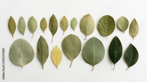 Collection of Various Green and Yellow Leaves on White Background.
