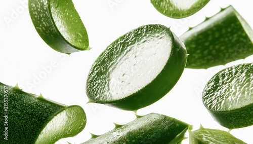 Fresh Aloe Vera Slices Falling Against White Background.