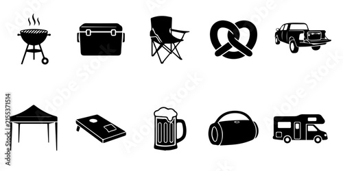 Tailgate Party and Outdoor Camping Icon Set Vector Illustration. A collection of black silhouette icons representing tailgating, camping, barbecue, and outdoor leisure activities.
