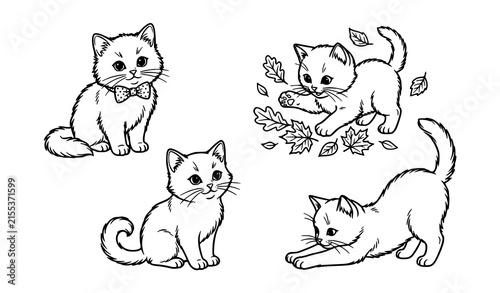 Four Charming Kitten Black Outline Illustration Vector Set