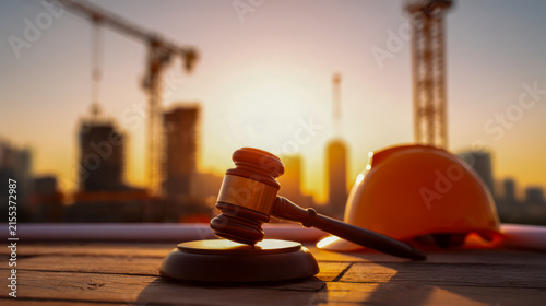 A gavel rests on a wooden surface with a construction helmet beside it. In the background, construction cranes and buildings are silhouetted against a sunset sky.
