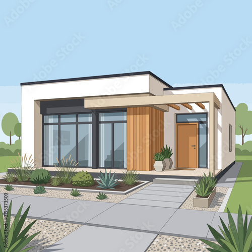 Modern Minimalist Single Story House Exterior with Garden Flat Vector Illustration