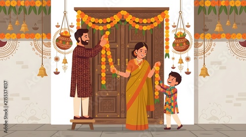 Indian family decorating home for diwali festival vector illustration