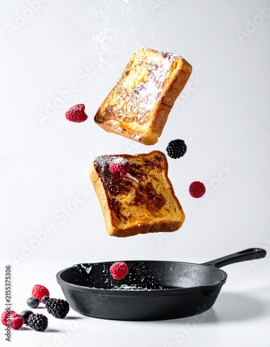 Delicious French toast slices levitating with fresh berries and pan