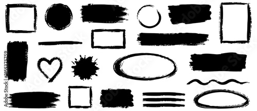 Hand drawn brush stroke frames and shapes collection, rough ink borders, grunge circles and rectangles, artistic elements isolated on white background