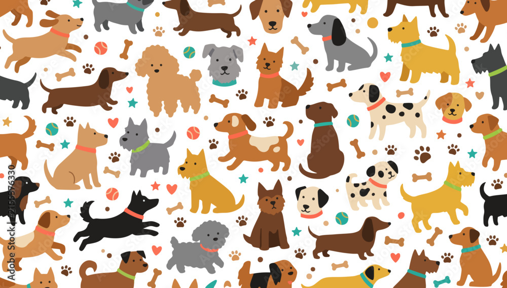 Obraz premium Cute Cartoon Dogs Seamless Pattern with Puppies, Paw Prints, Bones and Balls