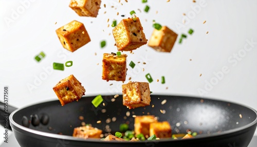 Crispy Golden Tofu Cubes Flying Above a Black Frying Pan with Herbs