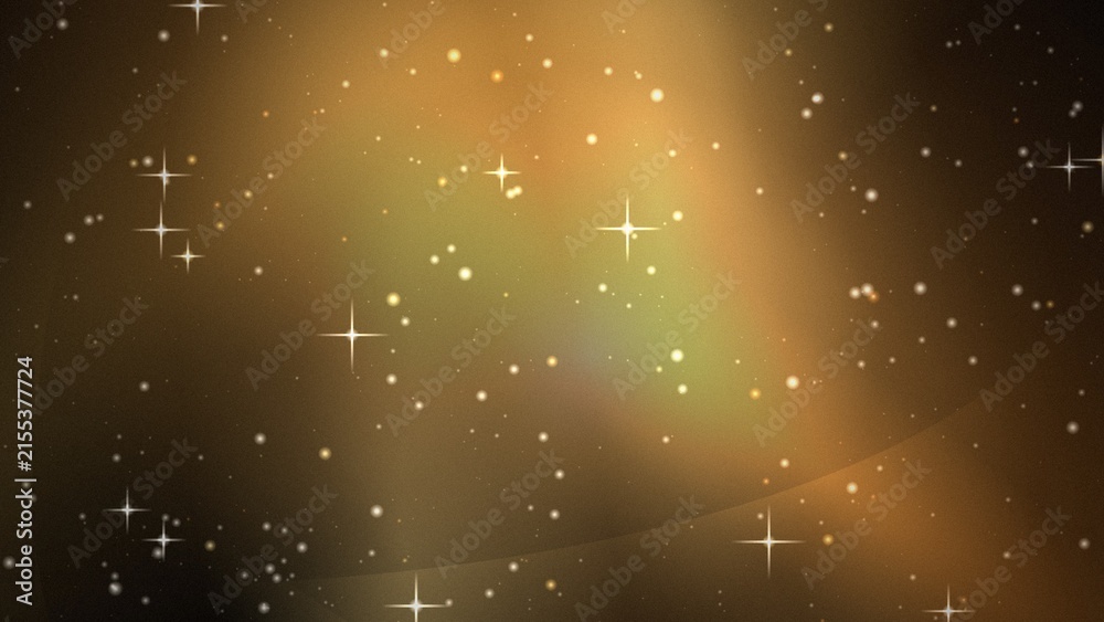 Fototapeta premium Golden glowing nebula background, with sparkling stars, and soft light, flares in deep, space sky