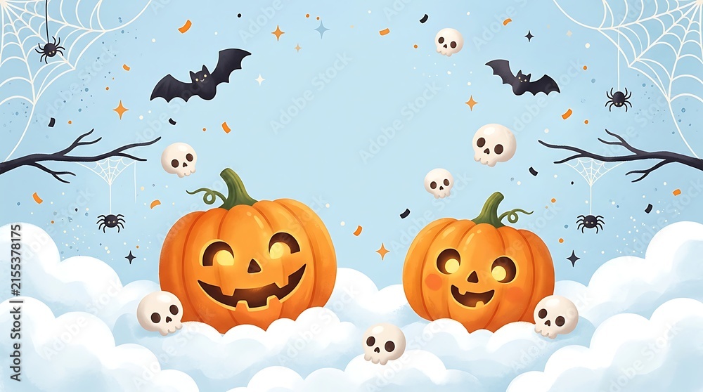 Fototapeta premium Cute halloween background with jackolantern pumpkins, skulls, bats, and spiders on a soft blue sky with clouds