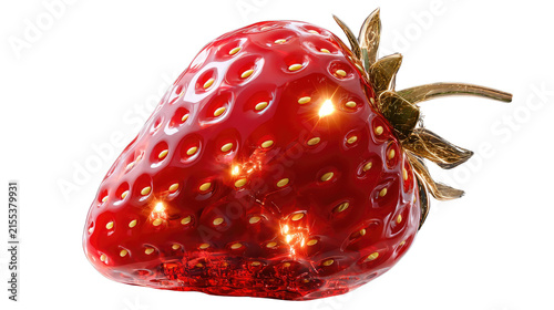 Glistening Strawberry Jewel: A close-up, macro shot of a perfectly ripe, ruby-red strawberry, its surface adorned with golden seeds and catching the light.