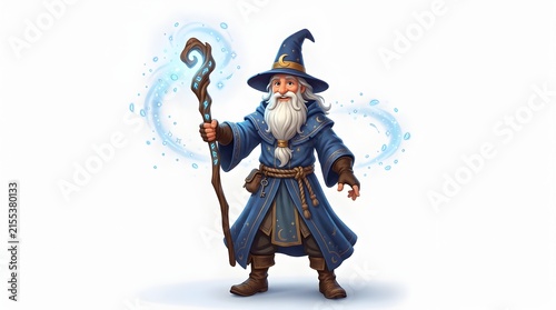 Whimsical Blue-Robed Wizard Character with Staff and Magical Energy Effects