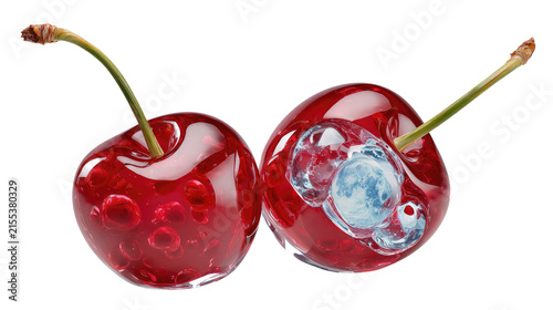 Ruby Gems: A close-up shot of two ripe, glossy cherries, one whole and the other cut in half to reveal an abstract blue pattern within, showcasing the rich red hue and reflective surface of the fruit.