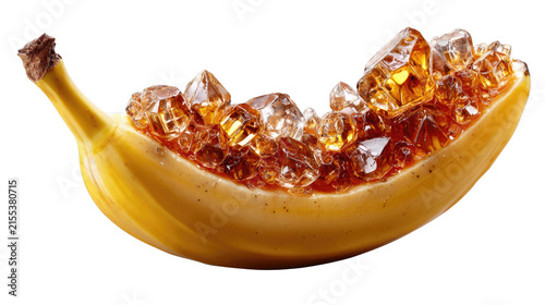 Banana Boat with Sugar Crystals: A single yellow banana, split lengthwise, is filled with glistening amber sugar crystals, creating a visually striking and unusual sweet treat.
