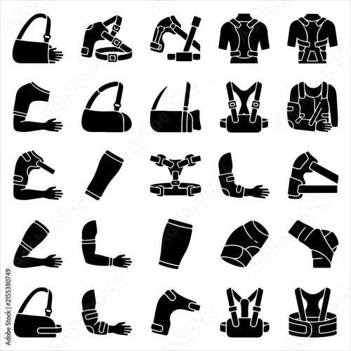 Foto Orthopedic brace and medical support device icons set with orthopedic rehabilita