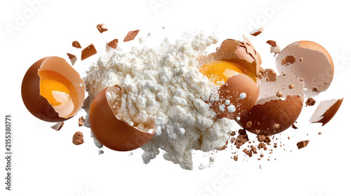 Explosion of Ingredients: Raw eggs and a pile of flour in mid-air, a culinary composition capturing the dynamic energy of baking.