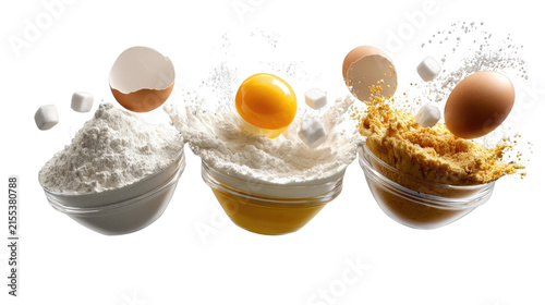 Baking Ingredients in Mid-Air: Flour, egg yolk, and sugar cubes levitate above glass bowls, creating a dynamic and artistic representation of baking essentials in motion, ready for culinary creation.