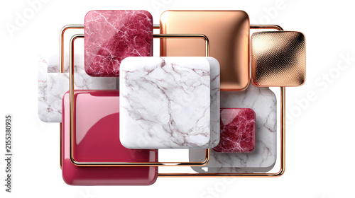 Abstract Geometric Composition: A visually striking arrangement of rounded square shapes featuring marbled textures and metallic finishes, creating a modern and sophisticated abstract design.