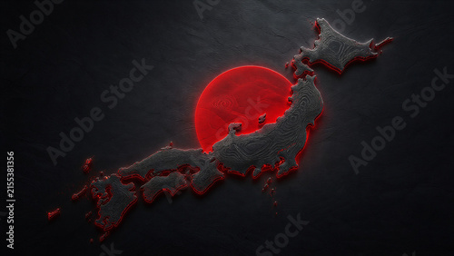 Dramatic 3D Map of Japan on Dark Background. Glowing Red Sun Circle Symbol. Abstract Geographical Geography Vector Concept. Asian Country Location Design. Background for Media or Travel Project.