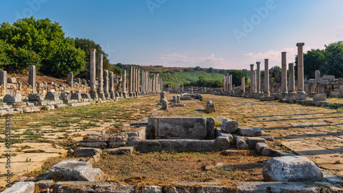 Ancient ruins of the Columned Main Street in the historic city of Perge, Antalya, Turkey. This well-preserved archaeological site showcases rows of stone columns along an ancient road