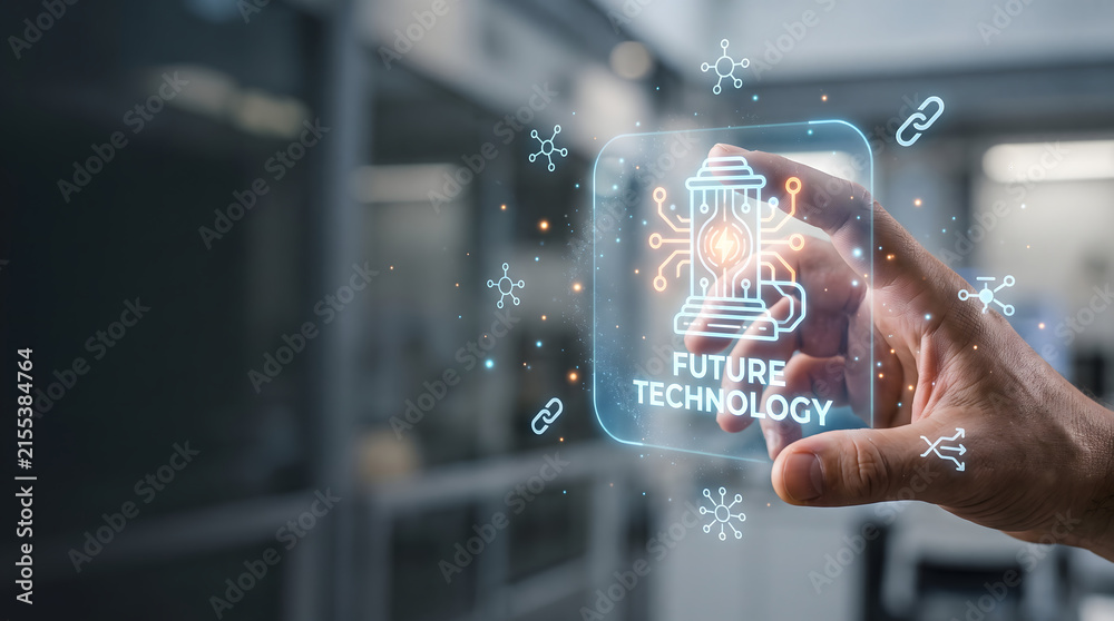 Fototapeta premium Futuristic holographic technology interface with hand interaction and glowing digital innovation icons