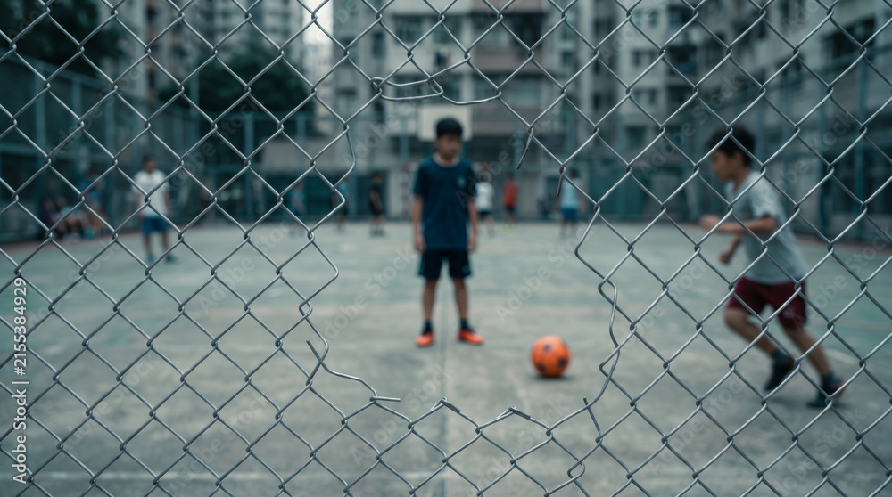 Fototapeta premium Soccer neighborhood street chain link fence boy ball urban outdoor. Children play football sport game. urban neighbourhood community recreation, friends team friendship ball