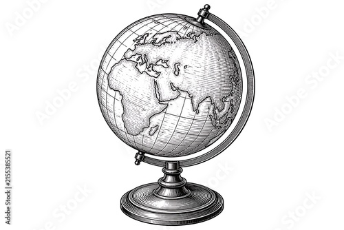 Vintage Globe Illustration Displaying Detailed Continents and Ocean Features Perfect for Educational or Decorative Use
