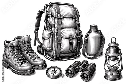 Detailed Illustrated Outdoor Gear Including Backpack, Hiking Boots, Lantern, Water Bottle, Binoculars, and Compass