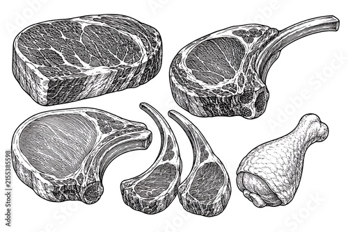 Hand-drawn sketch of various raw meat cuts including steaks and chicken prepared for culinary presentations and illustrations