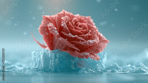 Delicate coral rose atop frozen water with gentle falling snow.
