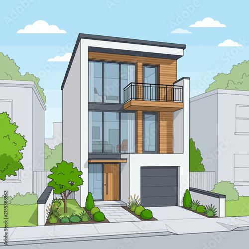Modern Two Story House Exterior with Large Windows Flat Vector Illustration