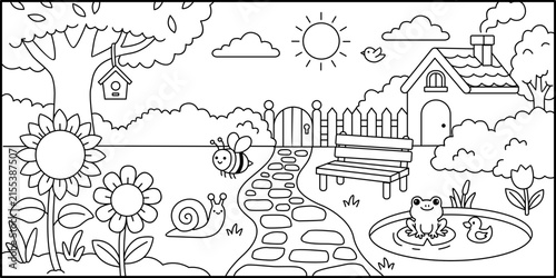 Garden themed black and white cartoon coloring book