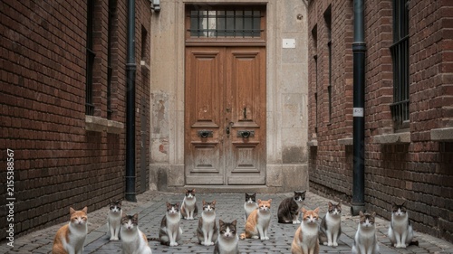 Group of Stray Cats in Old Alleyway