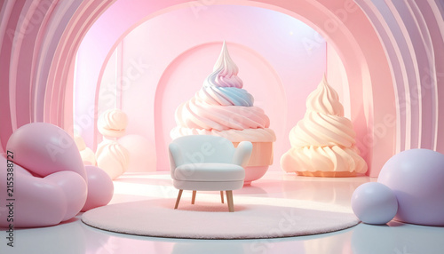 かわいいソフトクリームアートが彩るY2Kスタジオ背景
Cute Y2K soft serve art studio background with glossy 3D sculptures