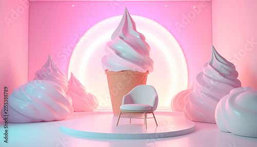かわいいソフトクリームアートが彩るY2Kスタジオ背景
Cute Y2K soft serve art studio background with glossy 3D sculptures