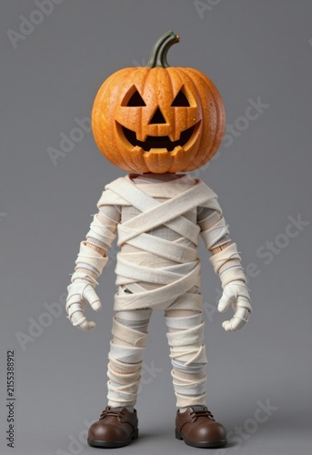 Halloween Mummy With Pumpkin Head Toy Figure Standing Against Gray Background
