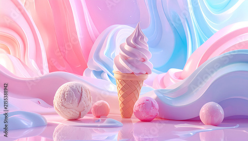 かわいいソフトクリームアートが彩るY2Kスタジオ背景
Cute Y2K soft serve art studio background with glossy 3D sculptures