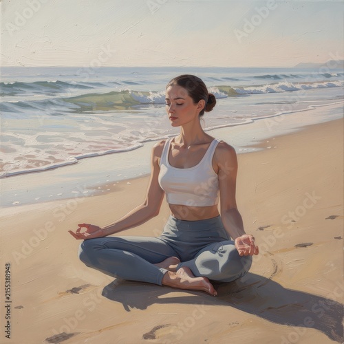 Woman meditating peacefully on beach during sunrise yoga session calm ocean waves sand tranquility mindfulness exercise