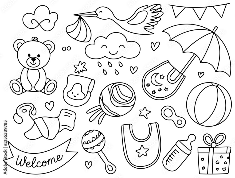 Fototapeta premium Collection of hand drawn baby themed doodle featuring toys, clothes, and accessories in a simple black outline style