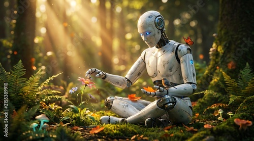 Robot in forest with butterfly holding flower and bird on hand peaceful nature scene.