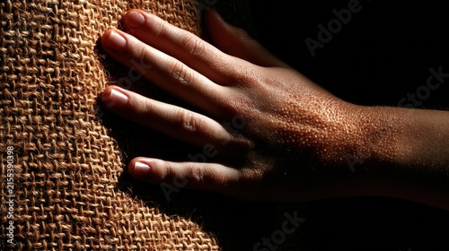 Gentle touch of a persons hand against a textured burlap fabric.