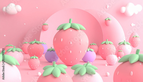 ストロベリーモチーフが彩るY2Kバルーンアート背景
Dreamy Y2K strawberry balloon art abstract background with glossy inflatable shapes