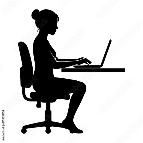 Woman Sitting at Desk Working on Laptop Silhouette Vector Illustration, Female Freelancer or Office Worker for Remote Work and Online Education