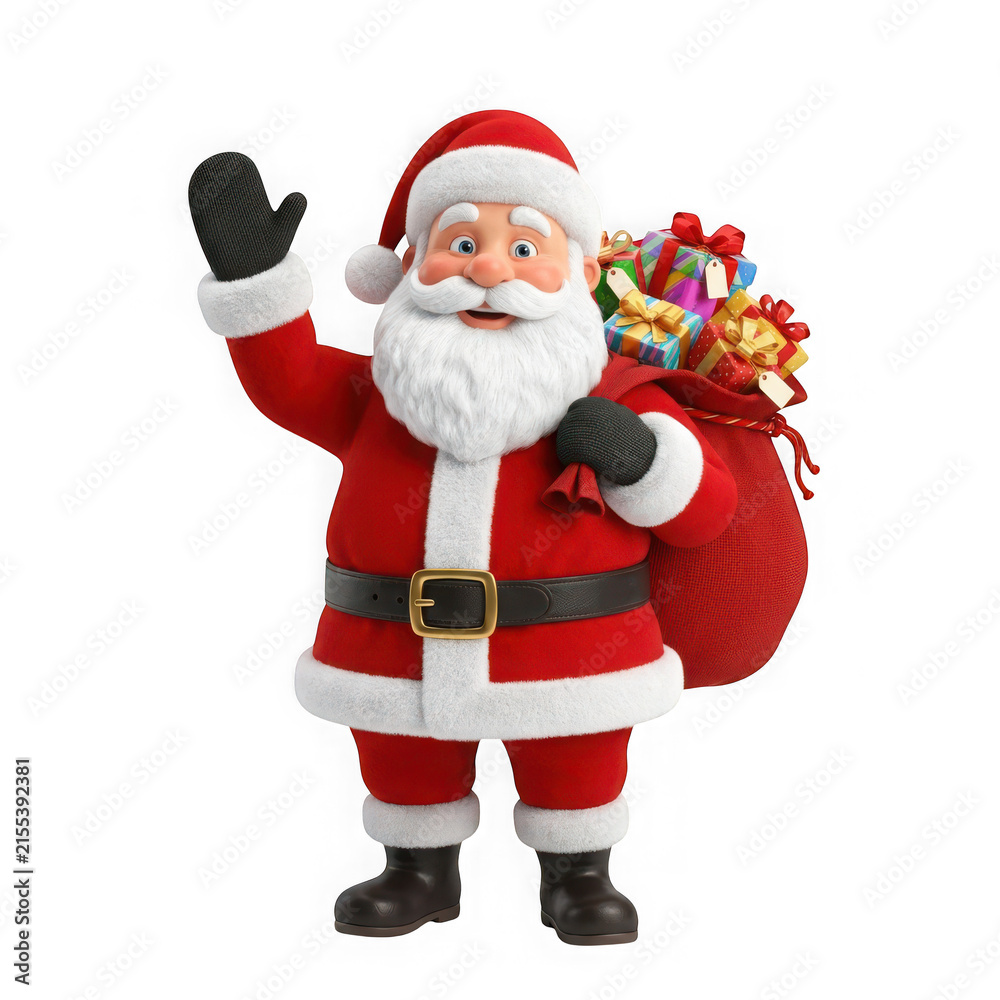 Fototapeta premium 3d cartoon santa claus waving and holding a sack of gifts isolated on transparent background