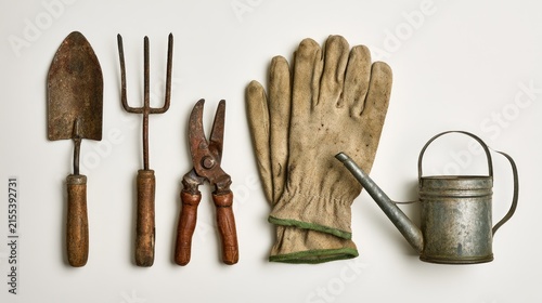 Collection of Gardening Tools and Accessories Laid Out Neatly.