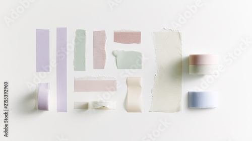 Collection of Pastel Washi Tapes and Sticky Notes on White Background.